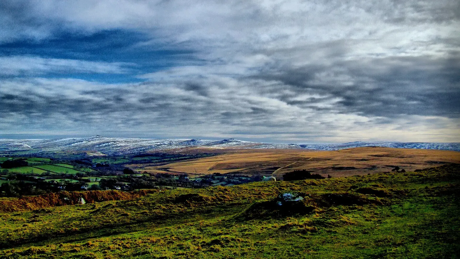 Landscape of Dartmoor looking out from the top of Brent Tor.